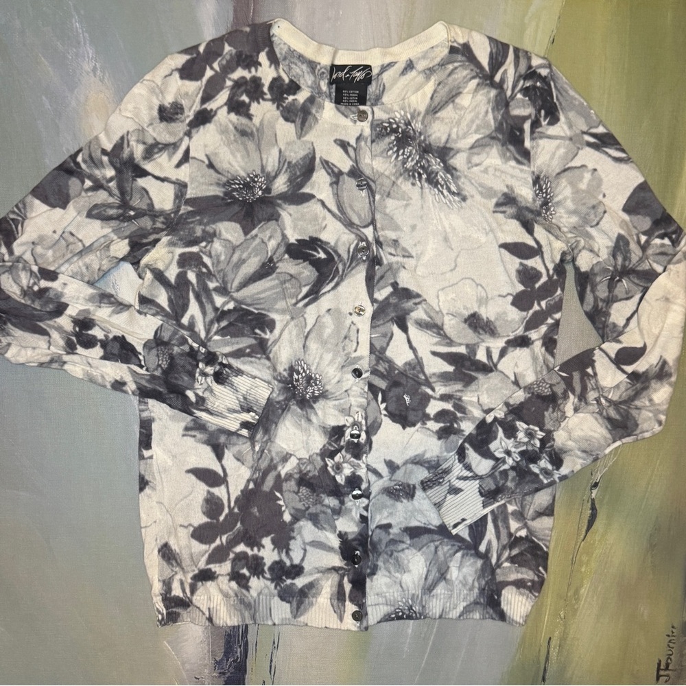 Lord & Taylor Floral Black and White Cardigan